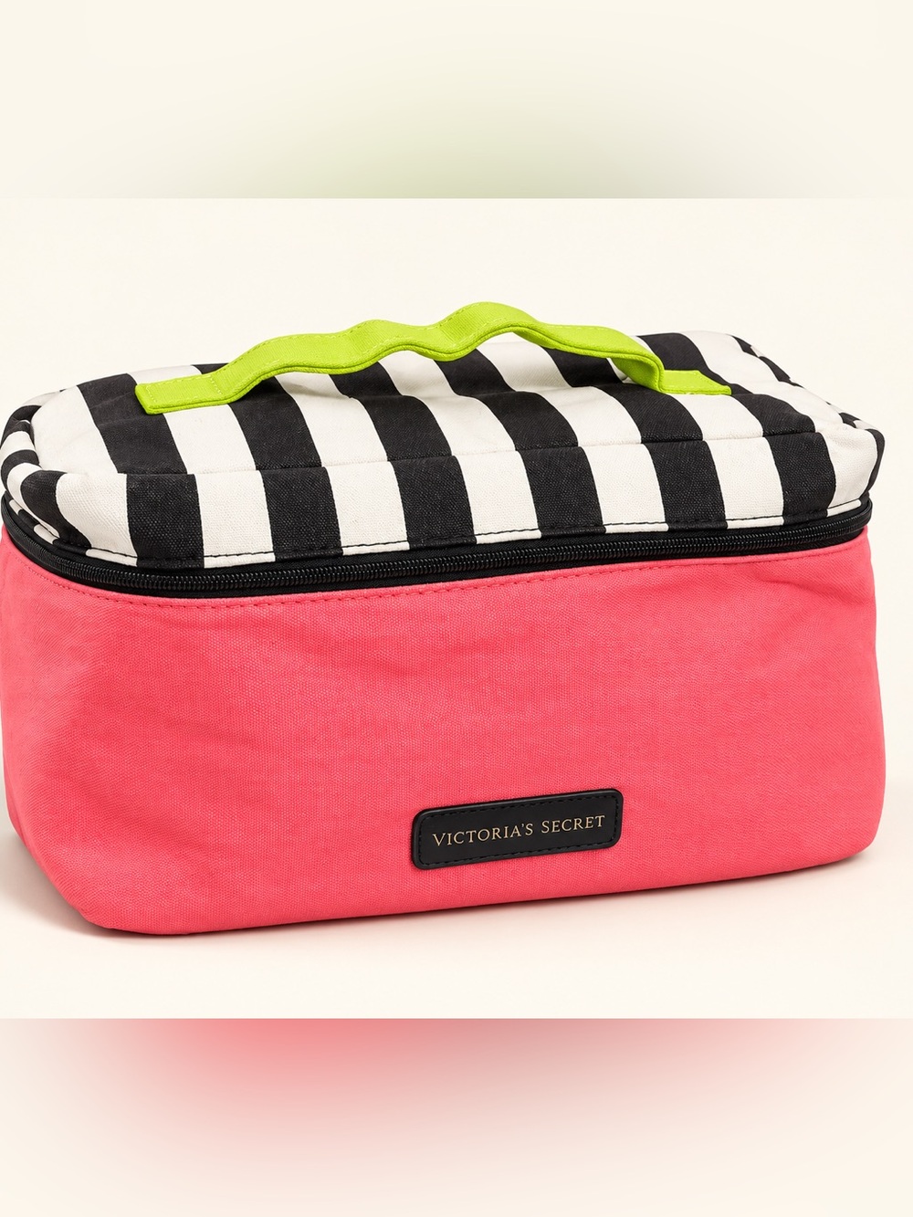 Victoria's Secret Coral Pink & Black Striped Cosmetic Case